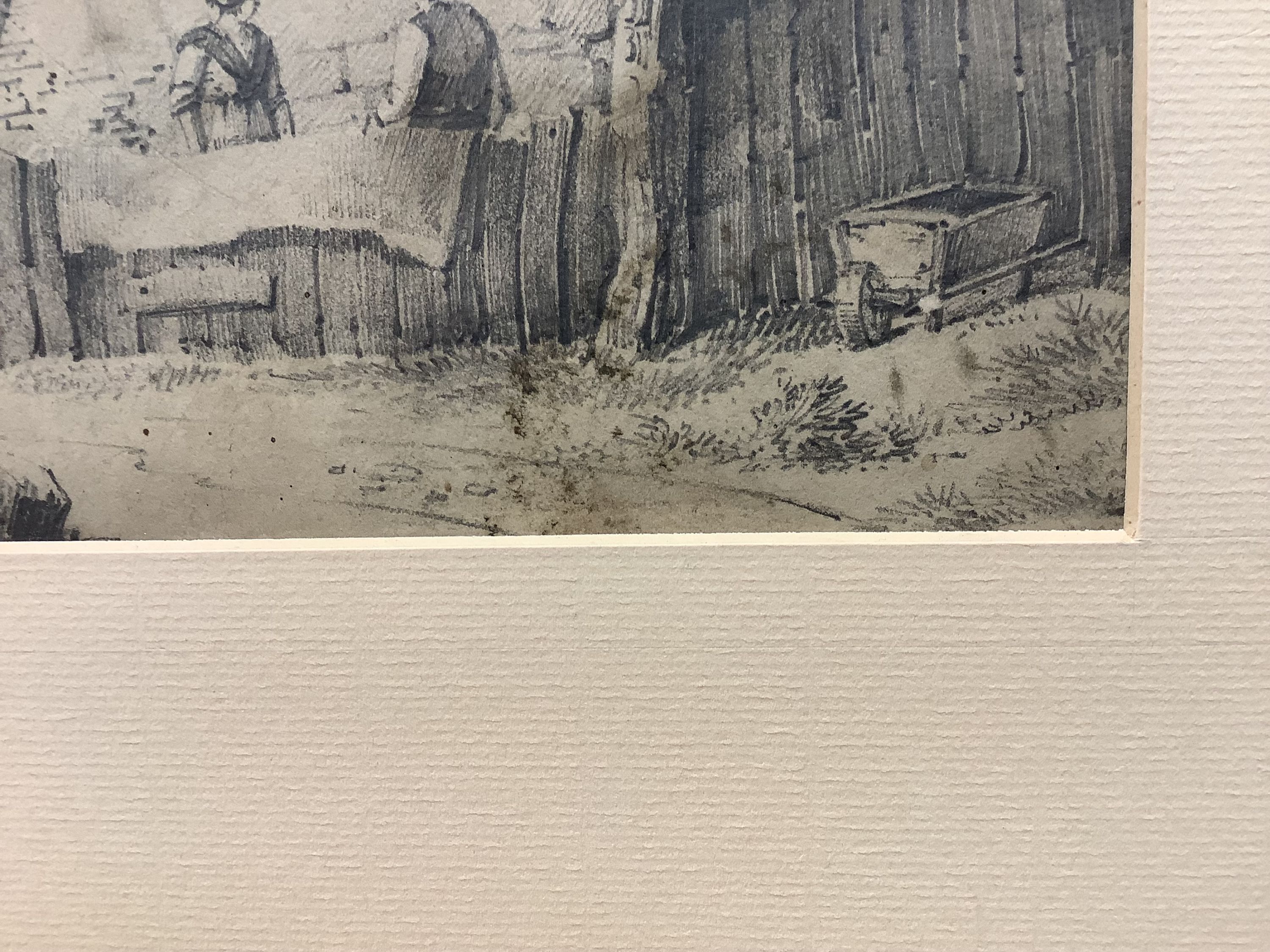 Early 19th century English School, two pencil drawings, Figures beside a cottage and Study of an oak tree, 25 x 20cm and 30 x 22cm, unframed